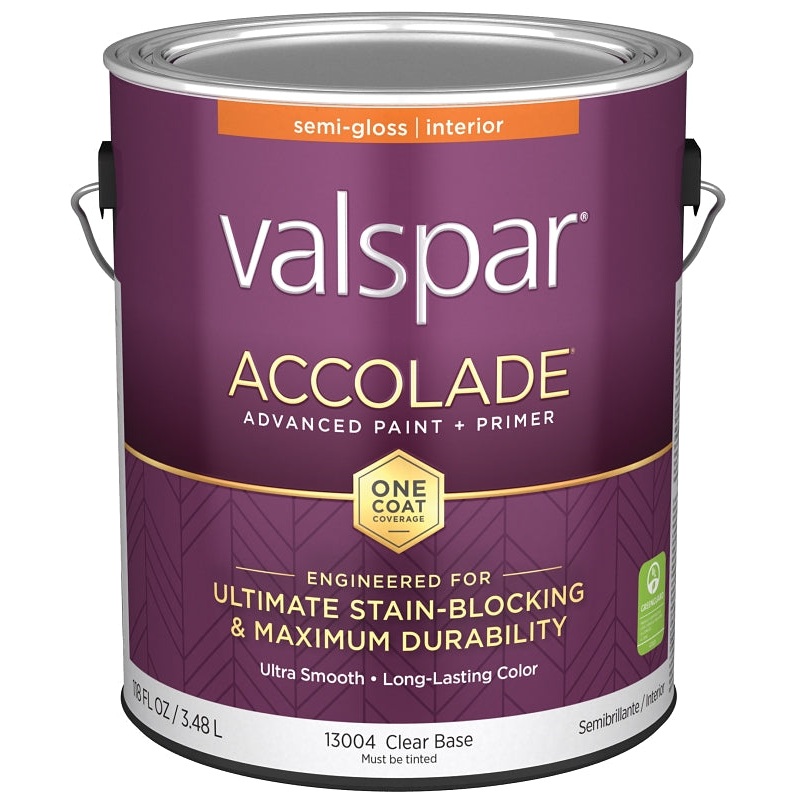Valspar Accolade 1300 028.0013004.007 Latex Paint, Acrylic Base, Semi-Gloss, Clear Base, 1 gal, Plastic Can, Pack of 4