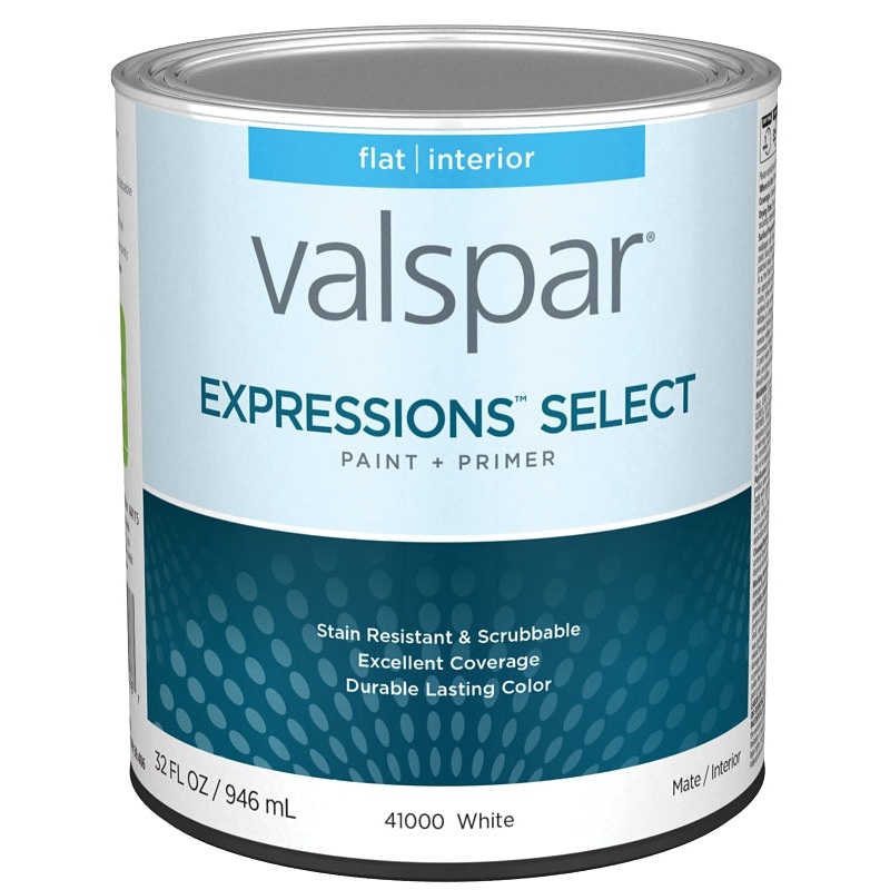 Valspar Expressions Select 4100 028.0041000.005 Latex Paint, Acrylic Base, Flat Sheen, White Base, 1 qt
