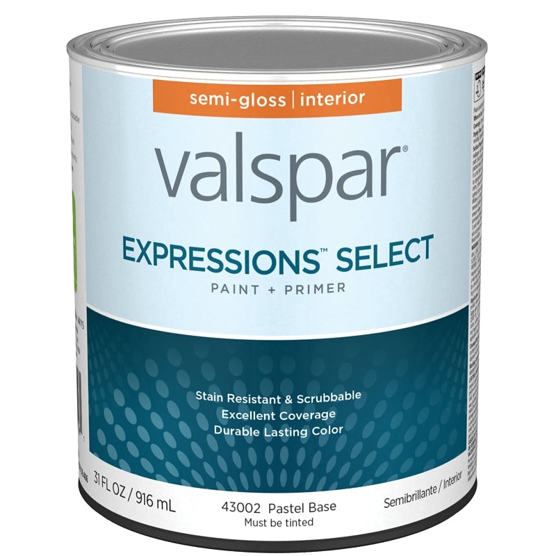 Valspar Expressions Select 4300 028.0043002.005 Latex Paint, Acrylic Base, Semi-Gloss Sheen, Pastel Base, 1 qt