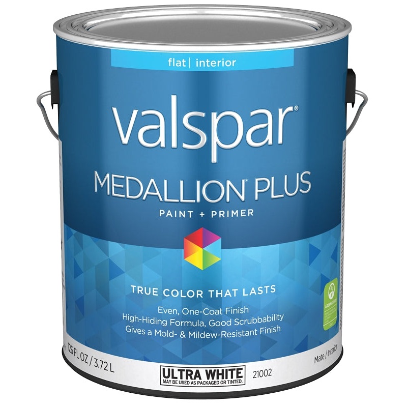 Valspar Medallion Plus 2100 028.0021002.007 Latex Paint, Acrylic Base, Flat Sheen, Ultra White Base, 1 gal, Pack of 4