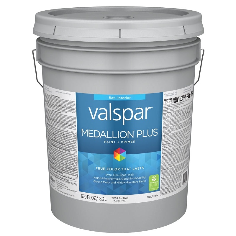 Valspar Medallion Plus 2100 028.0021003.008 Latex Paint, Acrylic Base, Flat Sheen, Tint Base, 5 gal, Plastic Pail