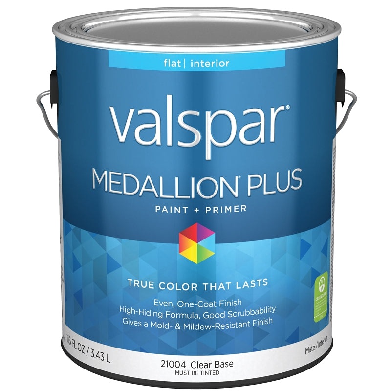 Valspar Medallion Plus 2100 028.0021004.007 Latex Paint, Acrylic Base, Flat Sheen, Clear Base, 1 gal, Plastic Can, Pack of 4