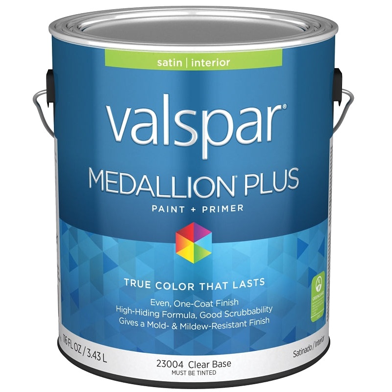 Valspar Medallion Plus 2300 028.0023004.007 Latex Paint, Acrylic Base, Satin Sheen, Clear Base, 1 gal, Plastic Can, Pack of 4