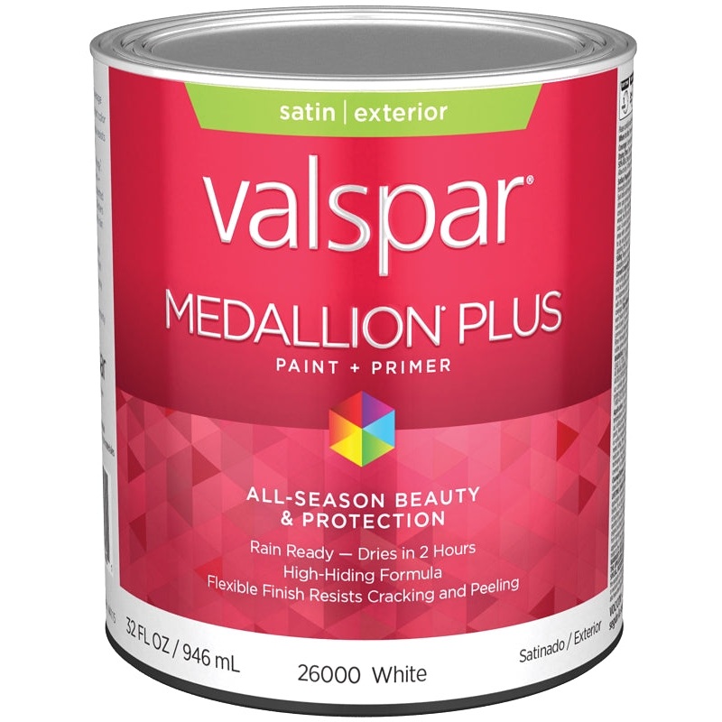 Valspar Medallion Plus 2600 028.0026000.005 Latex Paint, Acrylic Base, Satin Sheen, White Base, 1 qt, Plastic Can
