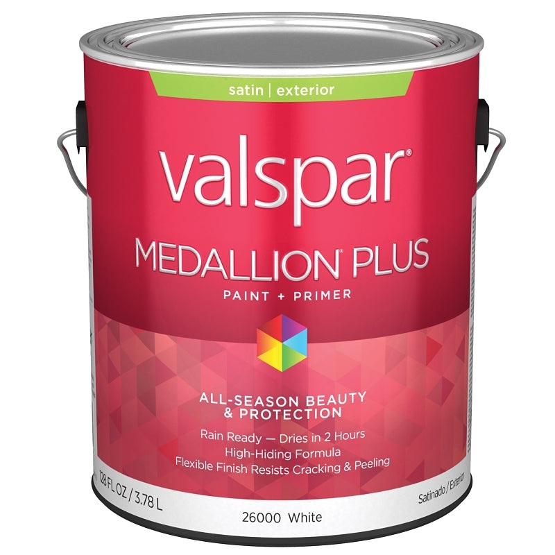 Valspar Medallion Plus 2600 028.0026000.007 Latex Paint, Acrylic Base, Satin Sheen, White Base, 1 gal, Plastic Can, Pack of 4