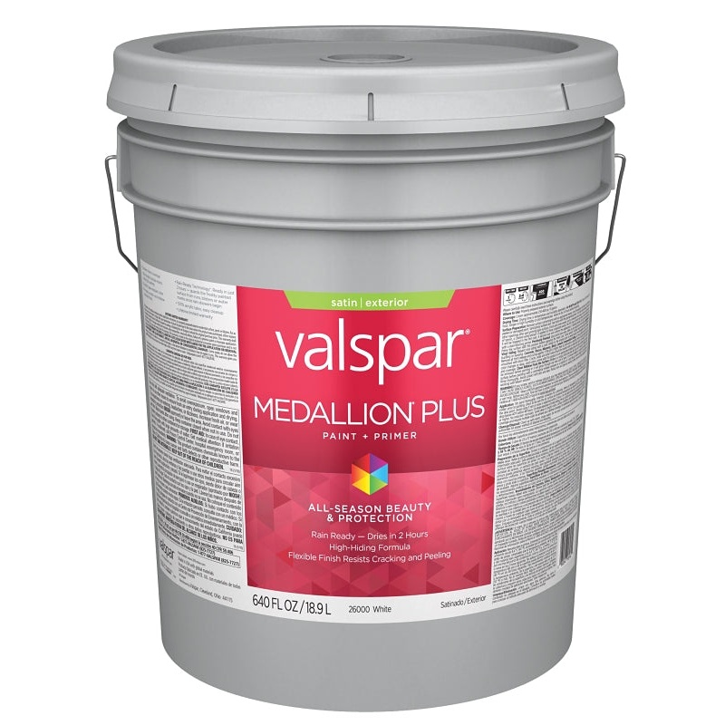 Valspar Medallion Plus 2600 028.0026000.008 Latex Paint, Acrylic Base, Satin Sheen, White Base, 5 gal, Plastic Pail