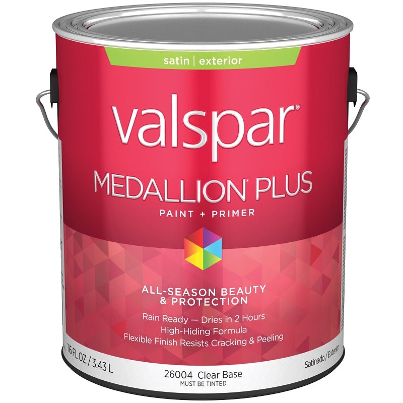 Valspar Medallion Plus 2600 028.0026004.007 Latex Paint, Acrylic Base, Satin Sheen, Clear Base, 1 gal, Plastic Can, Pack of 4