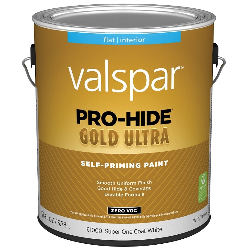 Valspar Pro-Hide Gold Ultra 6100 028.0061000.007 Latex Paint, Acrylic Base, Flat Sheen, Super One Coat White, 1 gal, Pack of 4