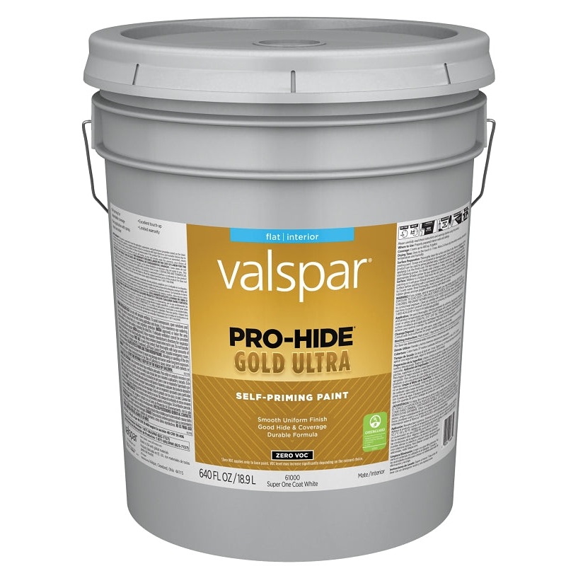 Valspar Pro-Hide Gold Ultra 6100 028.0061000.008 Latex Paint, Acrylic Base, Flat Sheen, Super One Coat White, 5 gal