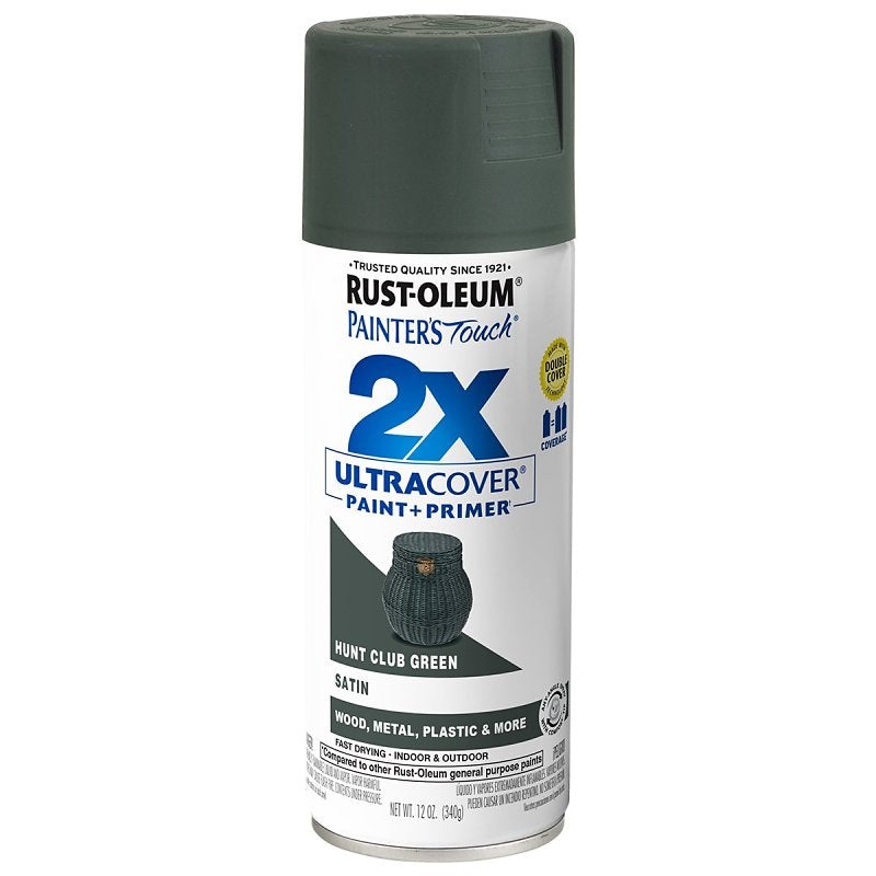 Rust-Oleum Painter’s Touch 2X Ultra Cover 334072 Spray Paint, Satin, Hunt Green Club, 12 oz, Aerosol Can