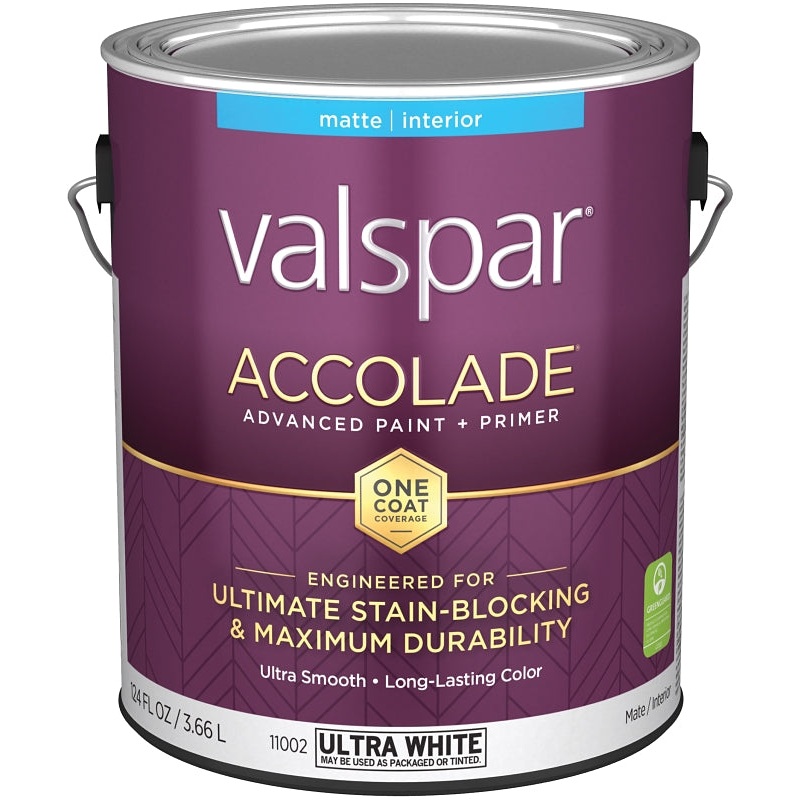 Valspar Accolade 1100 028.0011002.007 Latex Paint, Acrylic Base, Matte, Ultra White, 1 gal, Plastic Can, Pack of 4