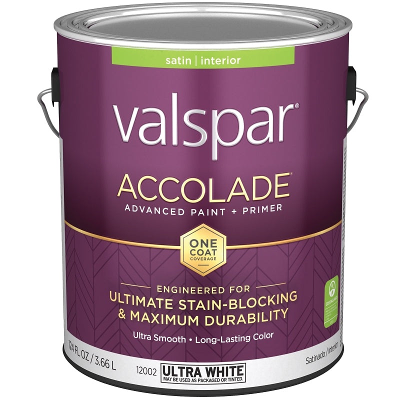 Valspar Accolade 1200 028.0012002.007 Latex Paint, Acrylic Base, Satin, Ultra White, 1 gal, Plastic Can, Pack of 4
