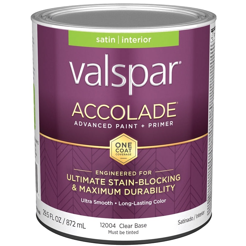 Valspar Accolade 1200 028.0012004.005 Latex Paint, Acrylic Base, Satin, Clear Base, 1 qt, Plastic Can