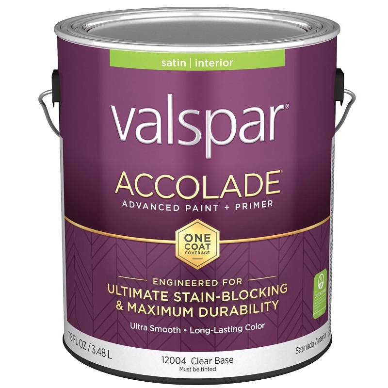 Valspar Accolade 1200 028.0012004.007 Latex Paint, Acrylic Base, Satin, Clear Base, 1 gal, Plastic Can, Pack of 4
