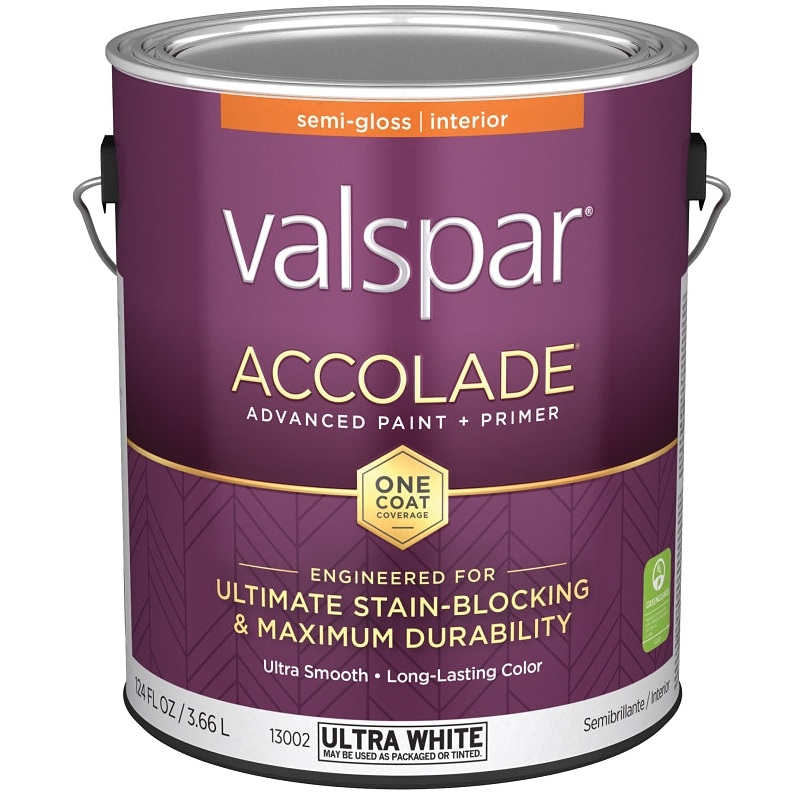 Valspar Accolade 1300 028.0013002.007 Latex Paint, Acrylic Base, Semi-Gloss, Ultra White, 1 gal, Plastic Can, Pack of 4