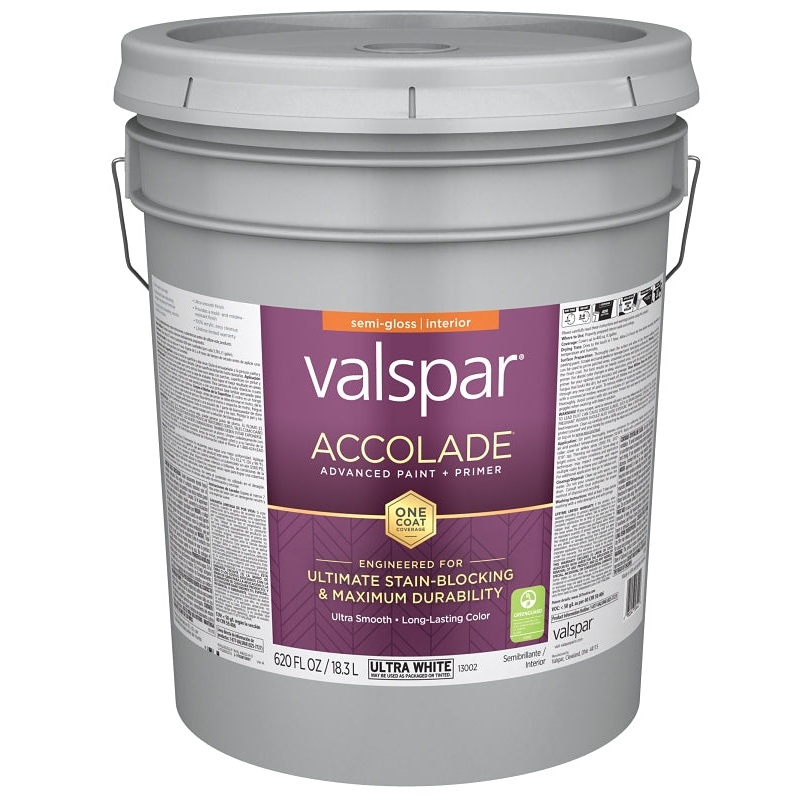 Valspar Accolade 1300 028.0013002.008 Latex Paint, Acrylic Base, Semi-Gloss, Ultra White, 5 gal, Plastic Pail