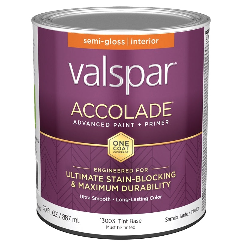 Valspar Accolade 1300 028.0013003.005 Latex Paint, Acrylic Base, Semi-Gloss, Tint Base, 1 qt, Plastic Can