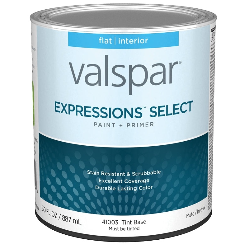 Valspar Expressions Select 4100 028.0041003.005 Latex Paint, Acrylic Base, Flat, Tint Base, 1 qt, Plastic Can