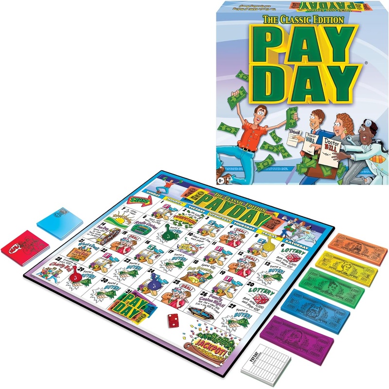 The Game of Pay Day With Popular 1970’s Artwork by Winning Moves Games USA, where Players Make and Spend Money for Fun, for 2-4 Players, Ages 8+