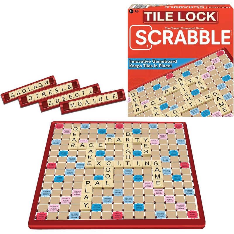 Tile Lock Scrabble by Winning Moves Games USA, Innovative Gameboard Locks Tiles In Place, for 2 to 4 Players, Ages 8 and Up