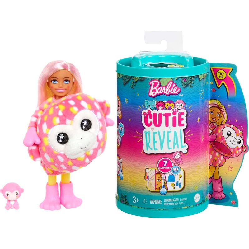 Barbie Cutie Reveal Chelsea Small Doll, Jungle Series Monkey Plush Costume, 7 Surprises Including Mini Pet & Color Change