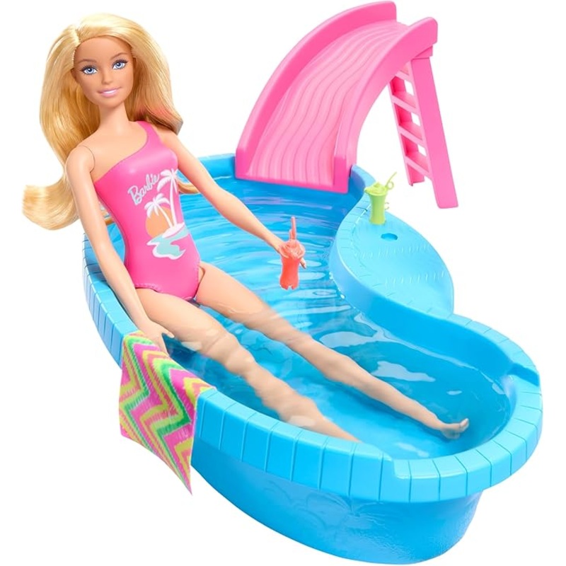 Barbie Doll And Pool Playset, Blonde With Pool, Slide, Towel And Drink Accessories