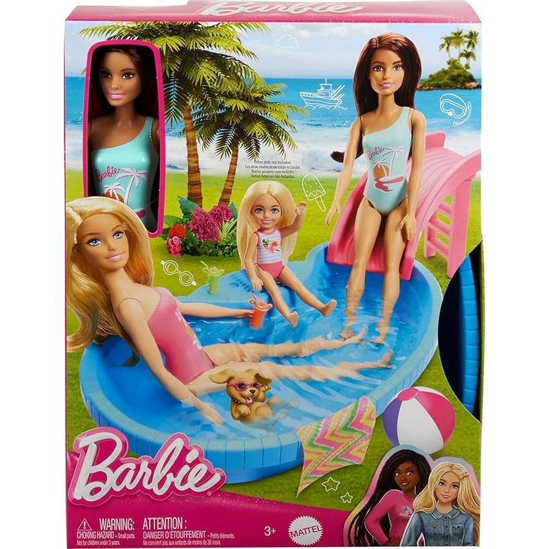 Barbie Doll And Pool Playset, Brunette With Pool, Slide, Towel And Drink Accessories