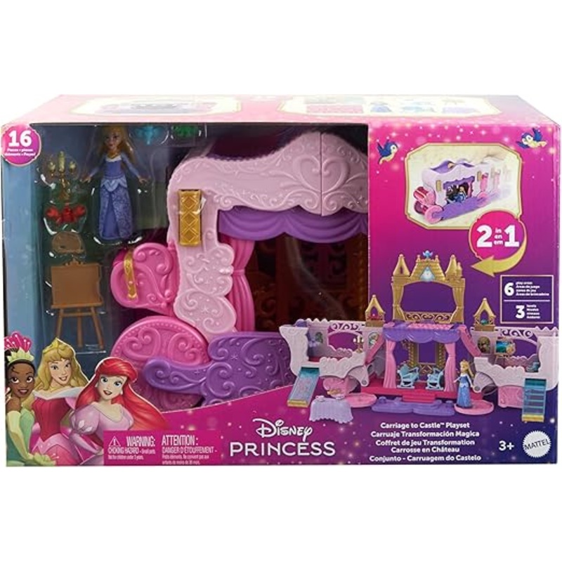 Disney Princess Carriage To Castle Transforming Playset With Aurora Small Doll