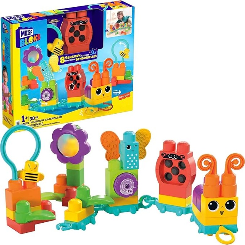 Mega BLOKS Fisher-Price Toddler Building Blocks Toy Set, Move n Groove Caterpillar Train with 24 Pieces