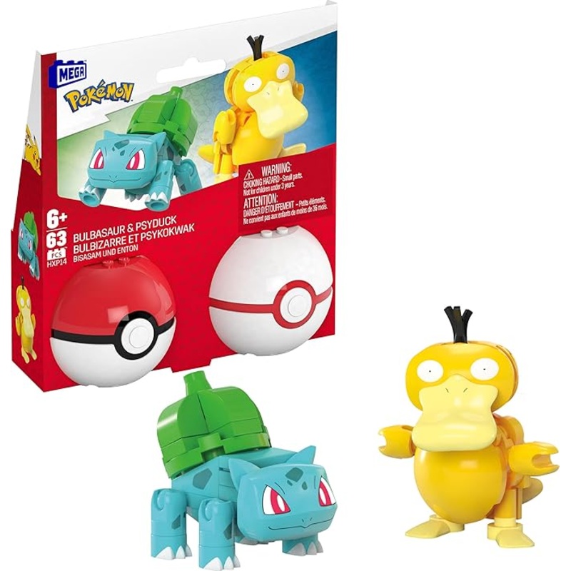 MEGA Pokmon Bulbasaur & Psyduck Building Toy Kit, 2 Action Figures (63 Pieces)