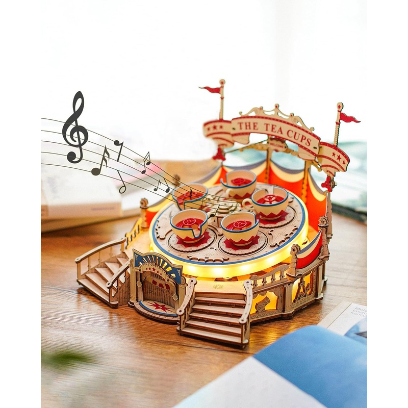 ROKR 3D Puzzles for Adults Model Kit, DIY Wooden Music Box Building Kit with LED Lights for Teens Adults Birthday Gift (Tilt-A-Whirl 280pcs)