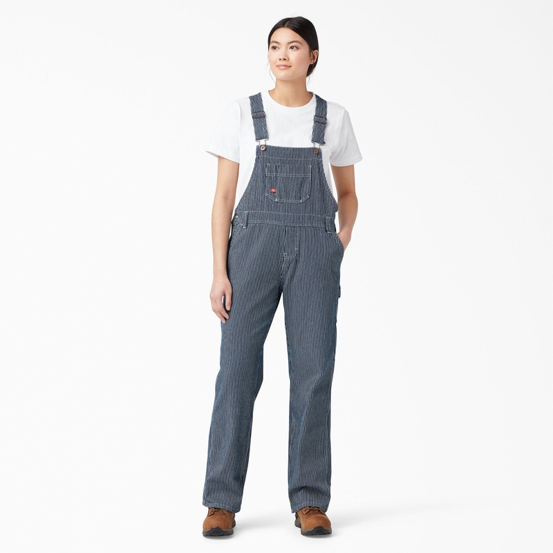Dickies Women’s Relaxed Fit Bib Overalls (Rinsed Hickory Stripe) Size L