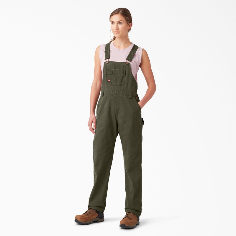 Dickies Women’s Relaxed Fit Bib Overalls (Rinsed Moss Green) Size L