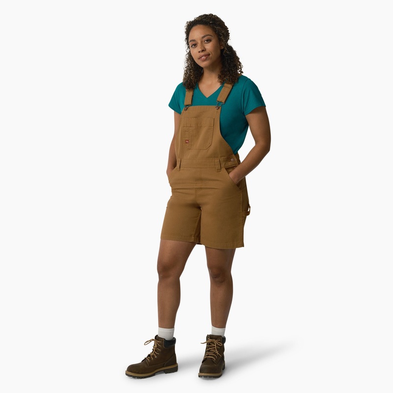 Dickies Women’s Relaxed Fit Bib Shortalls, 7 (Rinsed Brown Duck) Size M