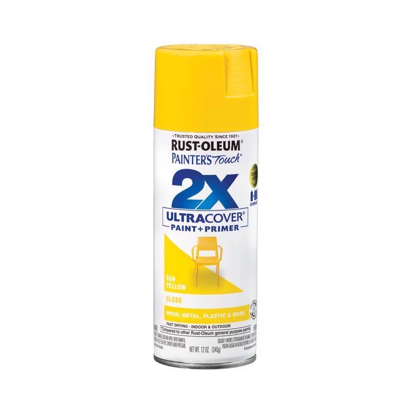 Rust-Oleum Painter’s Touch 2X Ultra Cover Gloss Sun Yellow Paint+Primer Spray Paint 12 oz