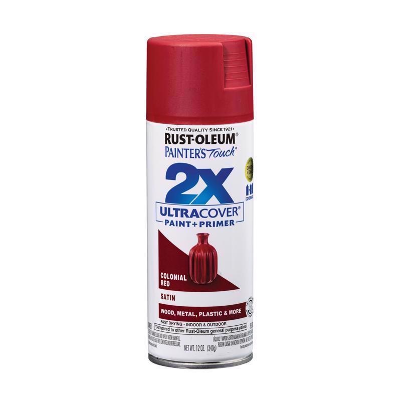 Rust-Oleum Painter’s Touch 2X Ultra Cover Satin Colonial Red Paint+Primer Spray Paint 12 oz