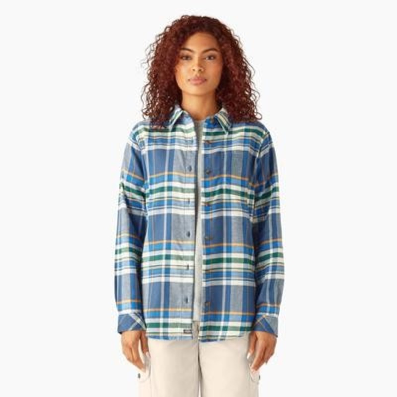 Dickies Women’s Plaid Flannel Long Sleeve Shirt (Dark Denim) Size 2XL