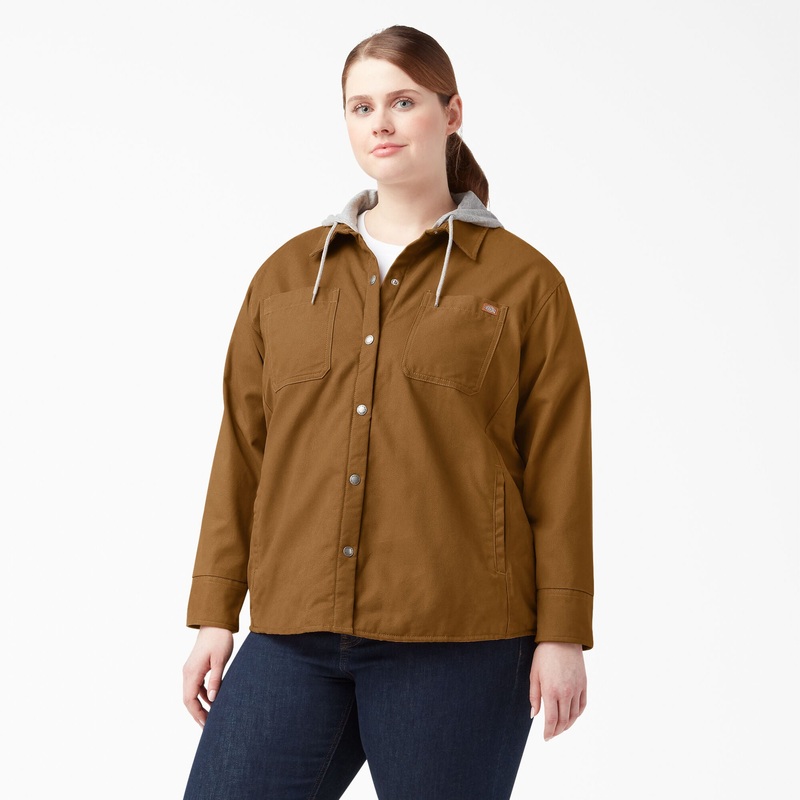 Dickies Women’s Plus Duck Hooded Shirt Jacket (Brown Duck) Sizes XL-3XL