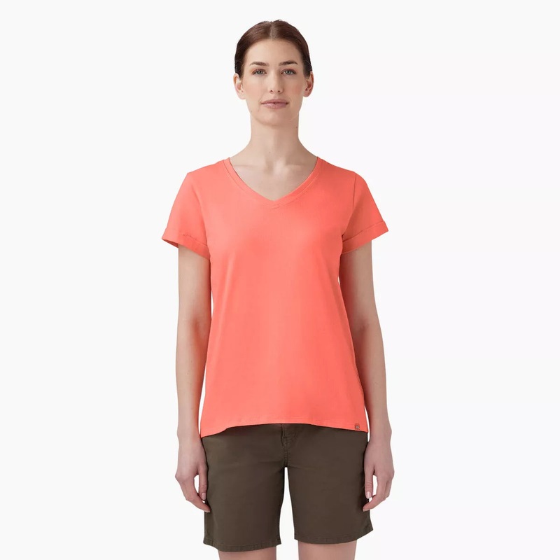 Dickies Womens V-Neck T-Shirt (Coral Fusion) Size L