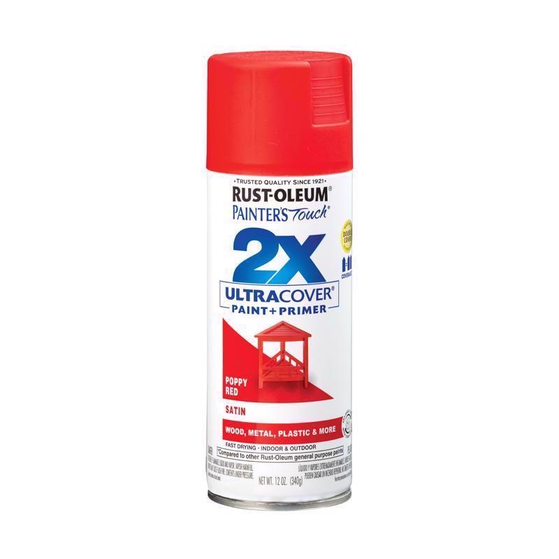 Rust-Oleum Painter’s Touch 2X Ultra Cover Satin Poppy Red Paint+Primer Spray Paint 12 oz