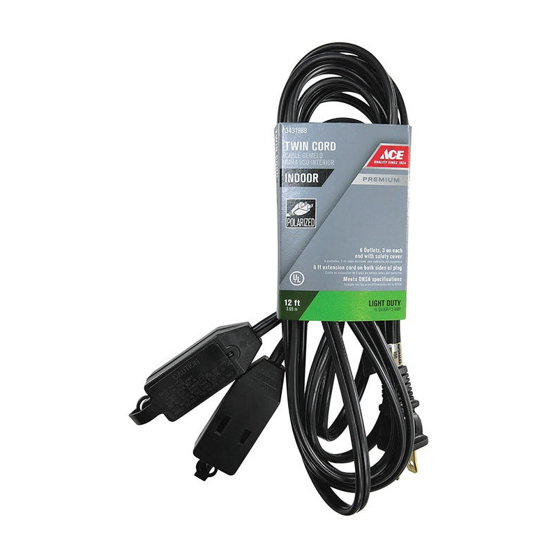 Ace Indoor 12 ft. L Black Extension Cord 16/2 SPT-2