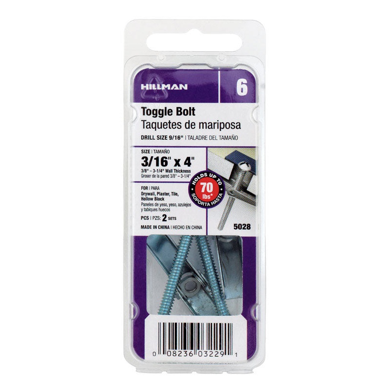 HILLMAN 3/16 in. D X 4 in. L Round Steel Toggle Bolt 2 pk