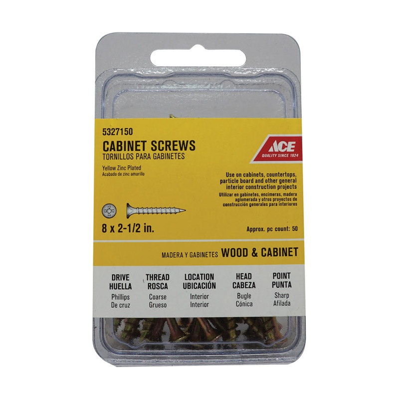 Ace No. 8 X 2-1/2 in. L Phillips Yellow Zinc Coarse Cabinet Screws 50 pk