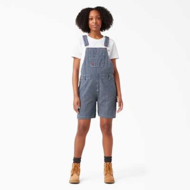 Dickies Women’s Relaxed Fit Bib Shortalls (Rinsed Hickory Stripe) Size S
