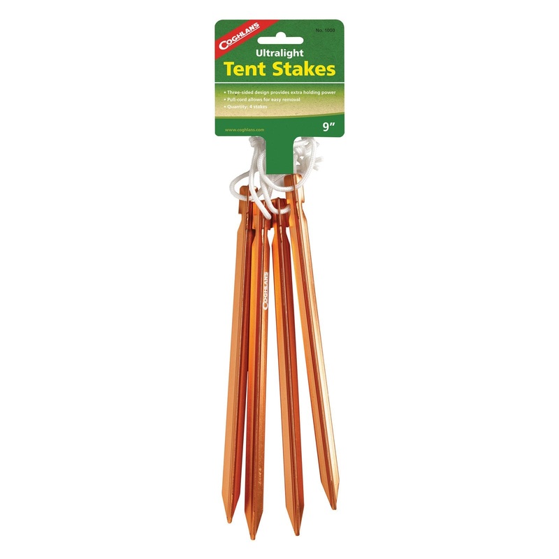 Coghlan S 9 Ultralight Tent Pegs 0.5 Oz (14g) Anodized Aluminum with Easy Pull Nylon Cord for Camping and Backpacking 4-Pack