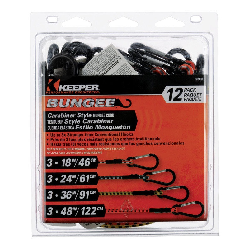 Keeper Assorted Carabiner Style Bungee Cord 18 in. L X 0.315 in. 12 pk