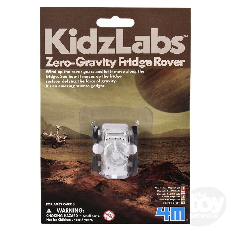 This KidzLabs – Zero-Gravity Fridge Rover is a wind-up vehicle that easily scales up and down magnetic surfaces. It’s a unique toy that defies gravity.