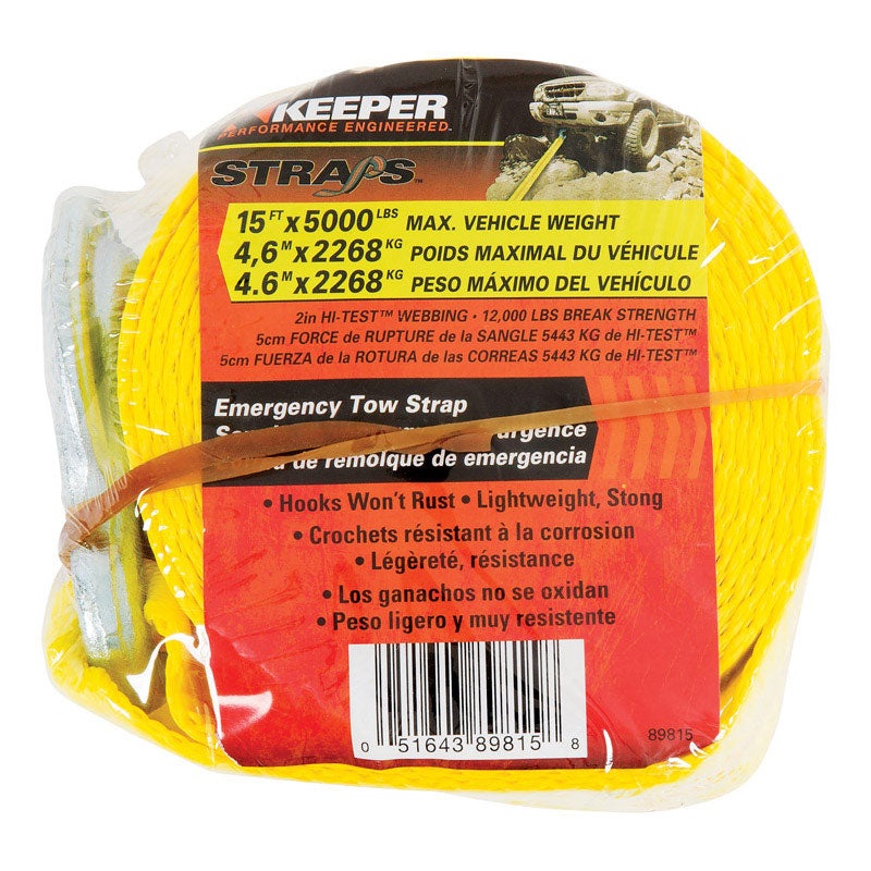 Keeper 2 in. W X 15 ft. L Yellow Tow Strap 5000 lb 1 pk