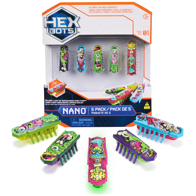 HEX BOTS 4 Nano Bots & Bonus Flash Nano Sensory Toys for Kids & Cats 5-Pack