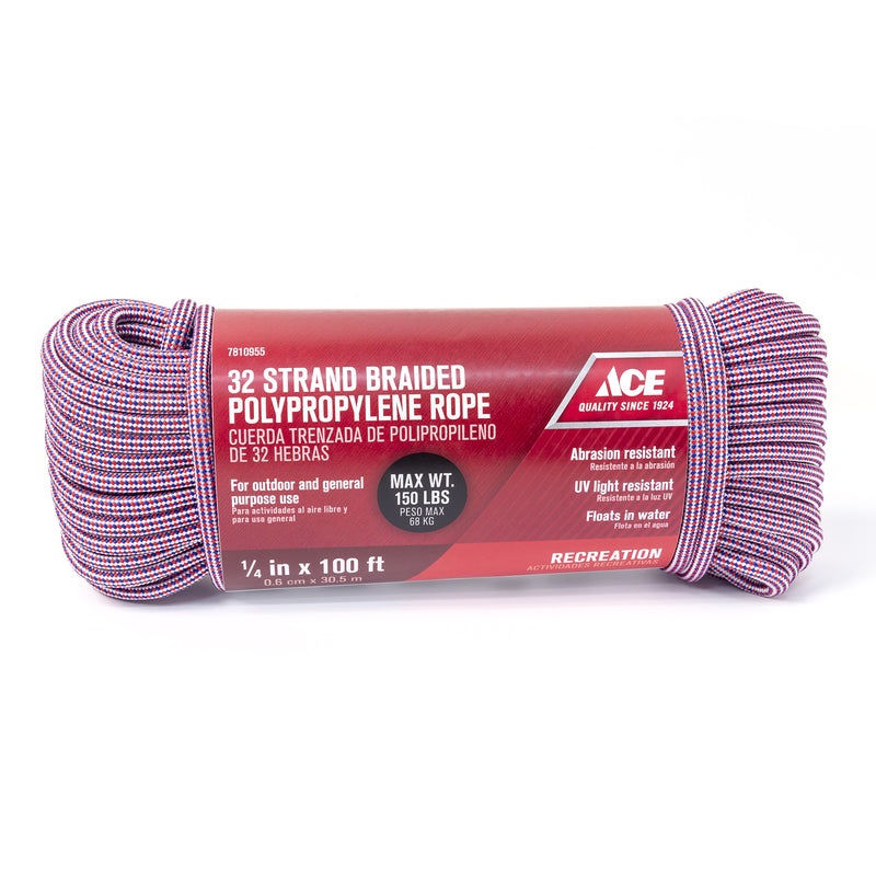 Ace 1/4 in. D X 100 in. L Patriot – Red/White/Blue Diamond Braided Polypropylene Rope